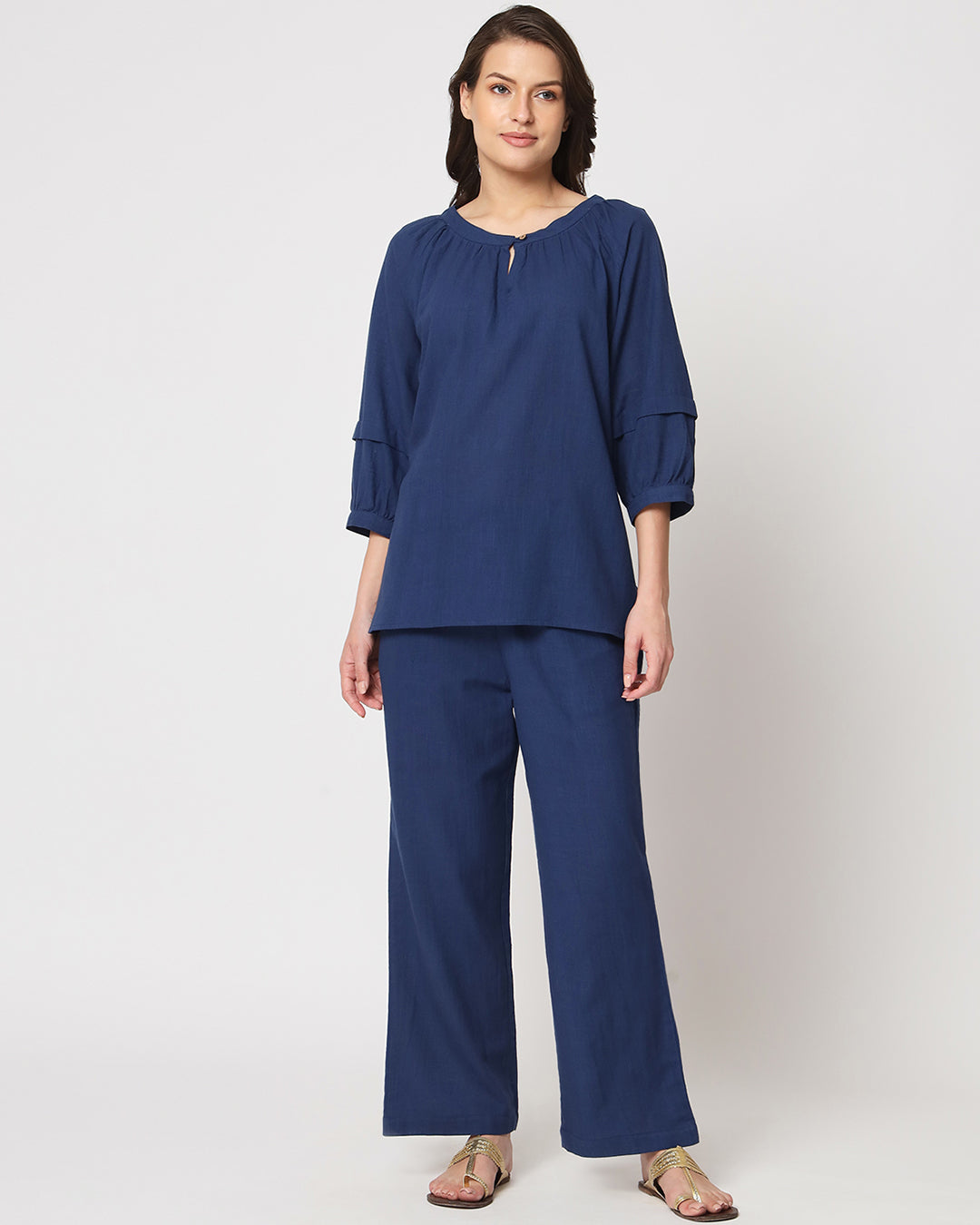 Midnight Blue Button Neck Solid Top (Without Bottoms)