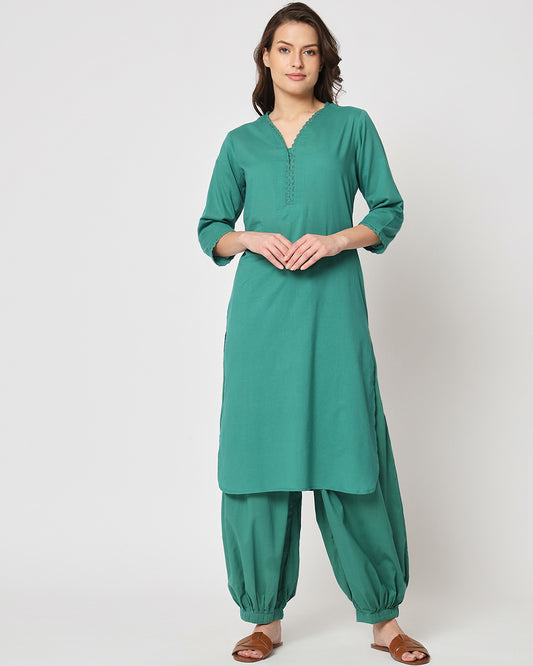 Forest Green Lace Affair Solid Kurta (Without Bottoms)