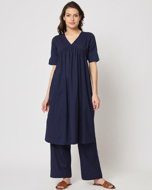 Midnight Blue Gathered Solid Kurta (Without Bottoms)