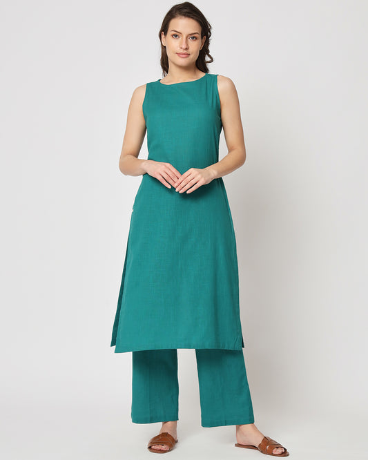 Forest Green Sleeveless Long Solid Kurta (Without Bottoms)