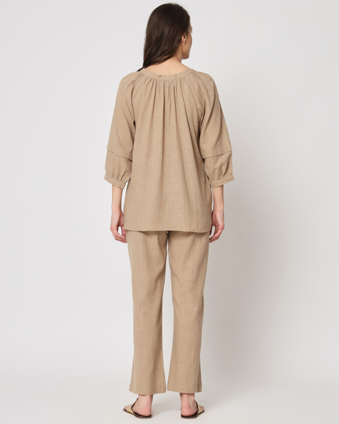 Day In Beige Button Neck Solid Top (Without Bottoms)