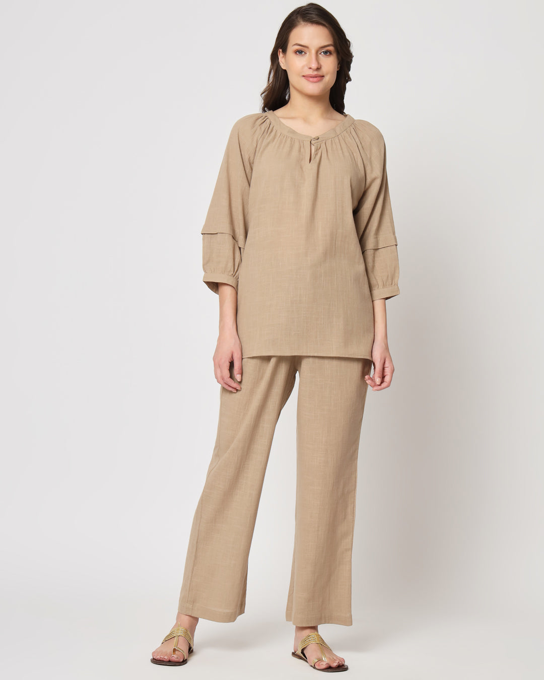 Day In Beige Button Neck Solid Co-ord Set