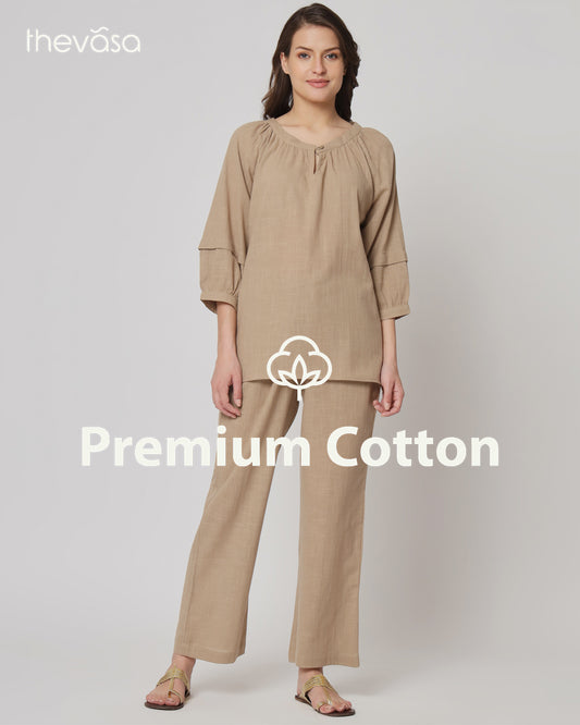 Day In Beige Button Neck Solid Co-ord Set