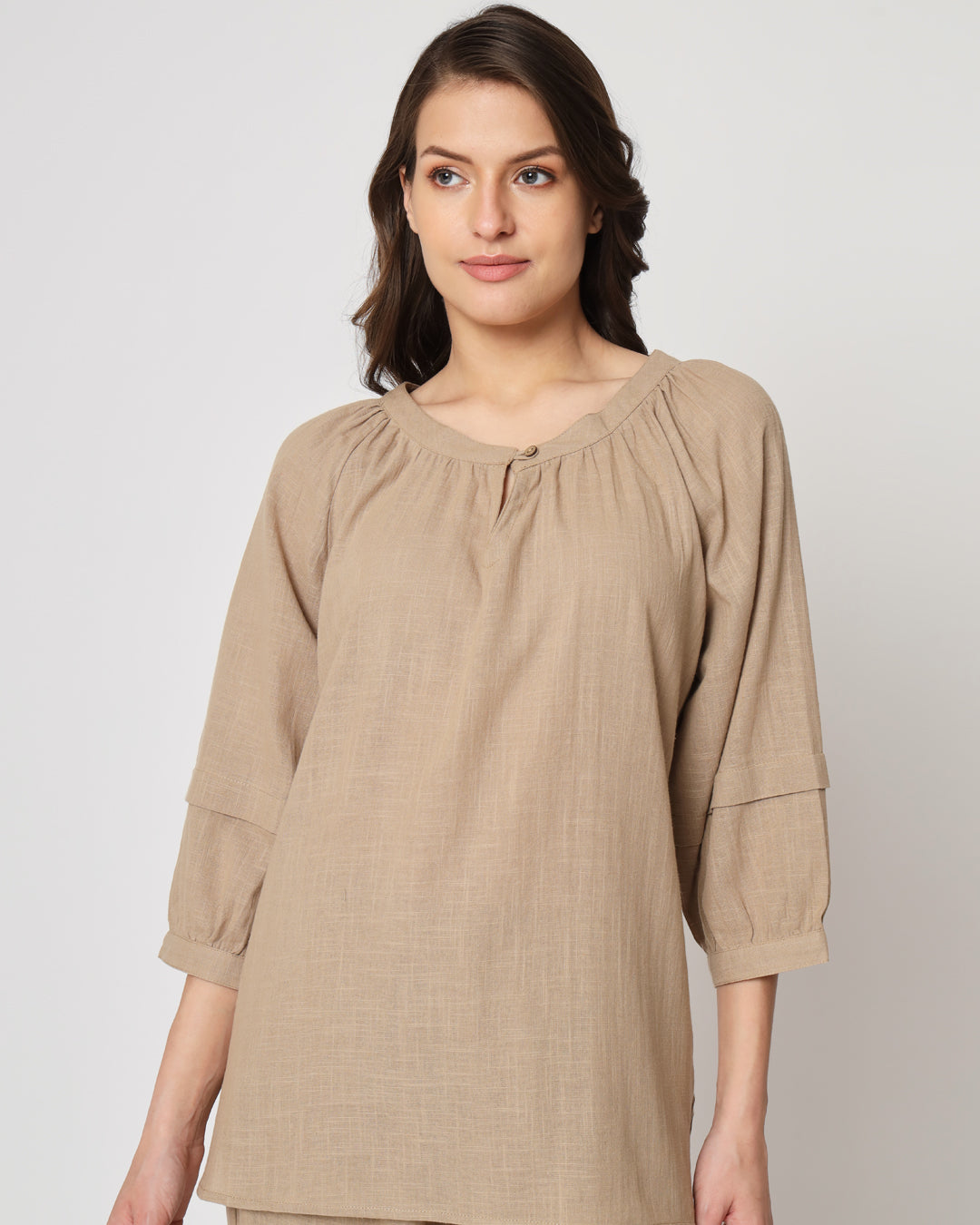 Day In Beige Button Neck Solid Top (Without Bottoms)