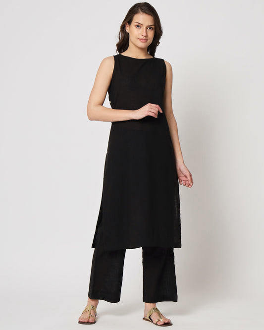 Classic Black Sleeveless Long Solid Kurta (Without Bottoms)