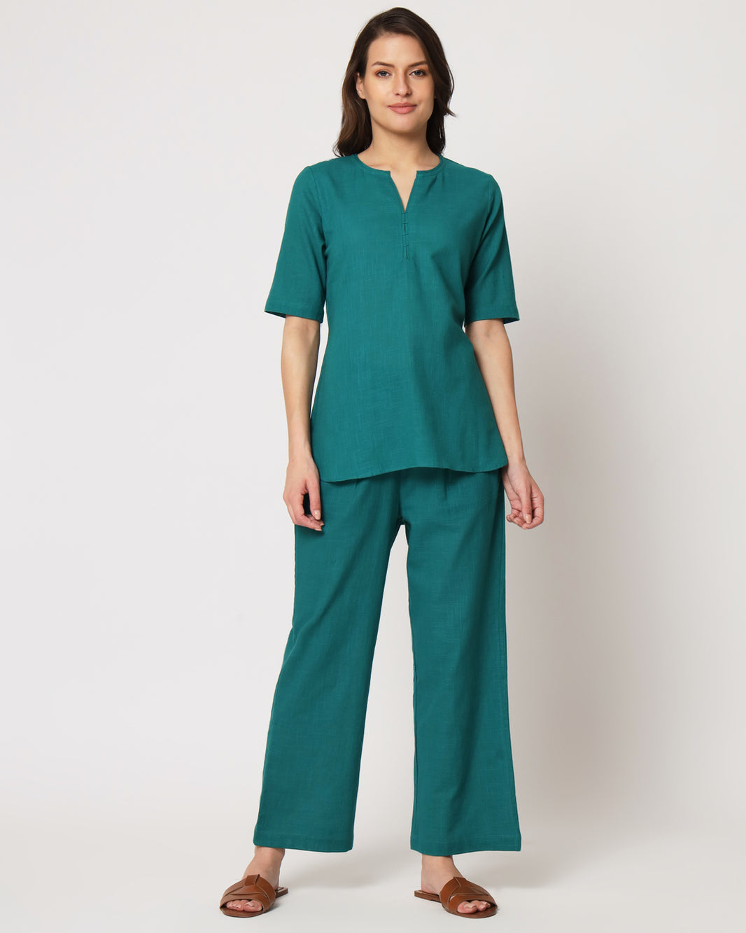 Girls Green Cotton Round Neck Solid Co-Ord Set main image 1