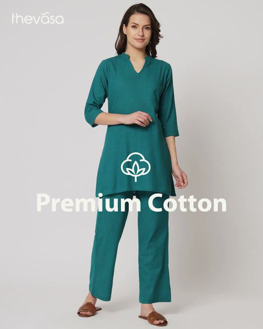 Forest Green Collar Neck Mid Length Solid Co-ord Set