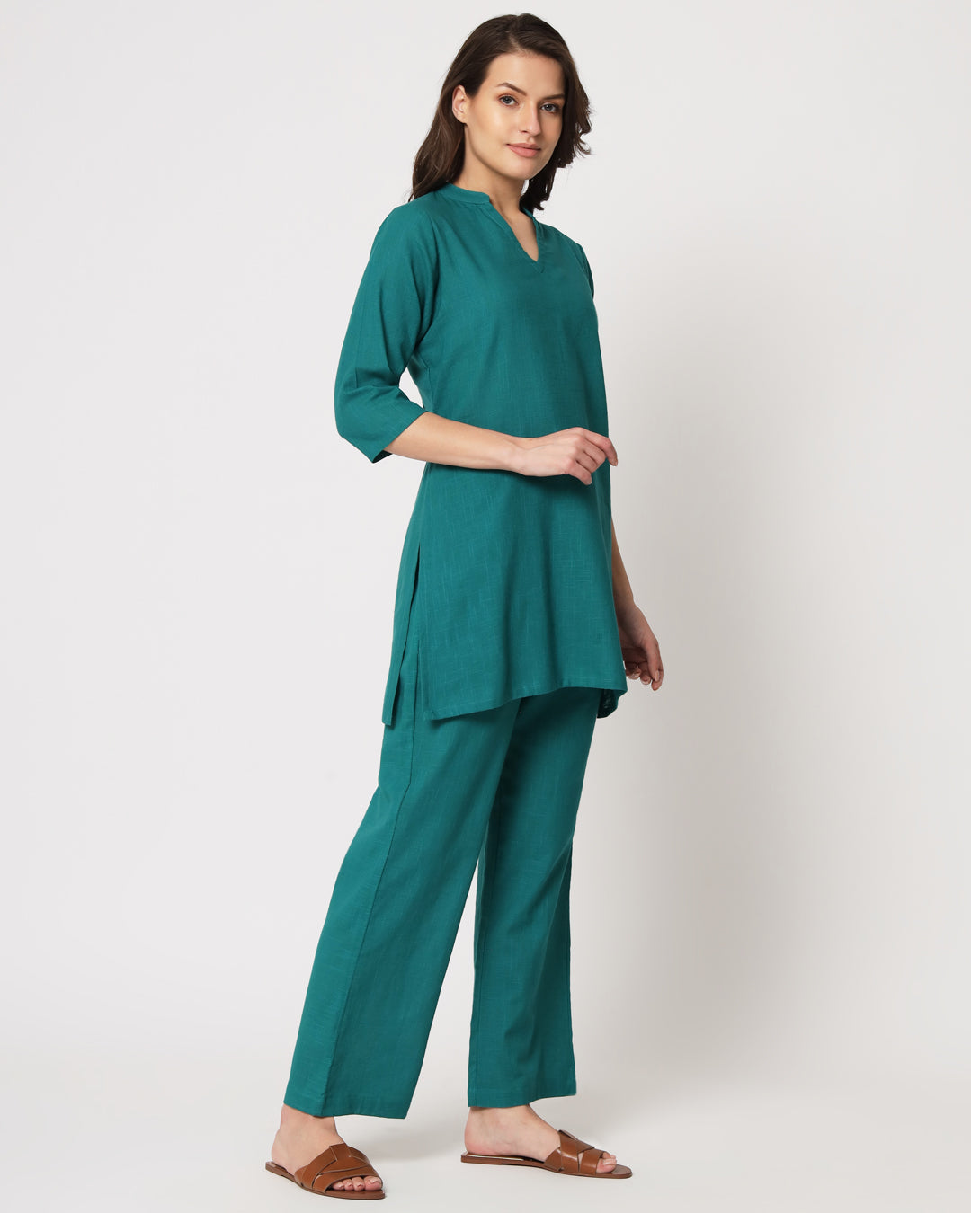 Forest Green Collar Neck Mid Length Solid Co-ord Set