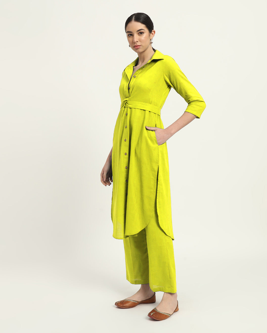 Combo: Burst Of Lime & Iced Grey Bellisimo Belted Solid Kurta