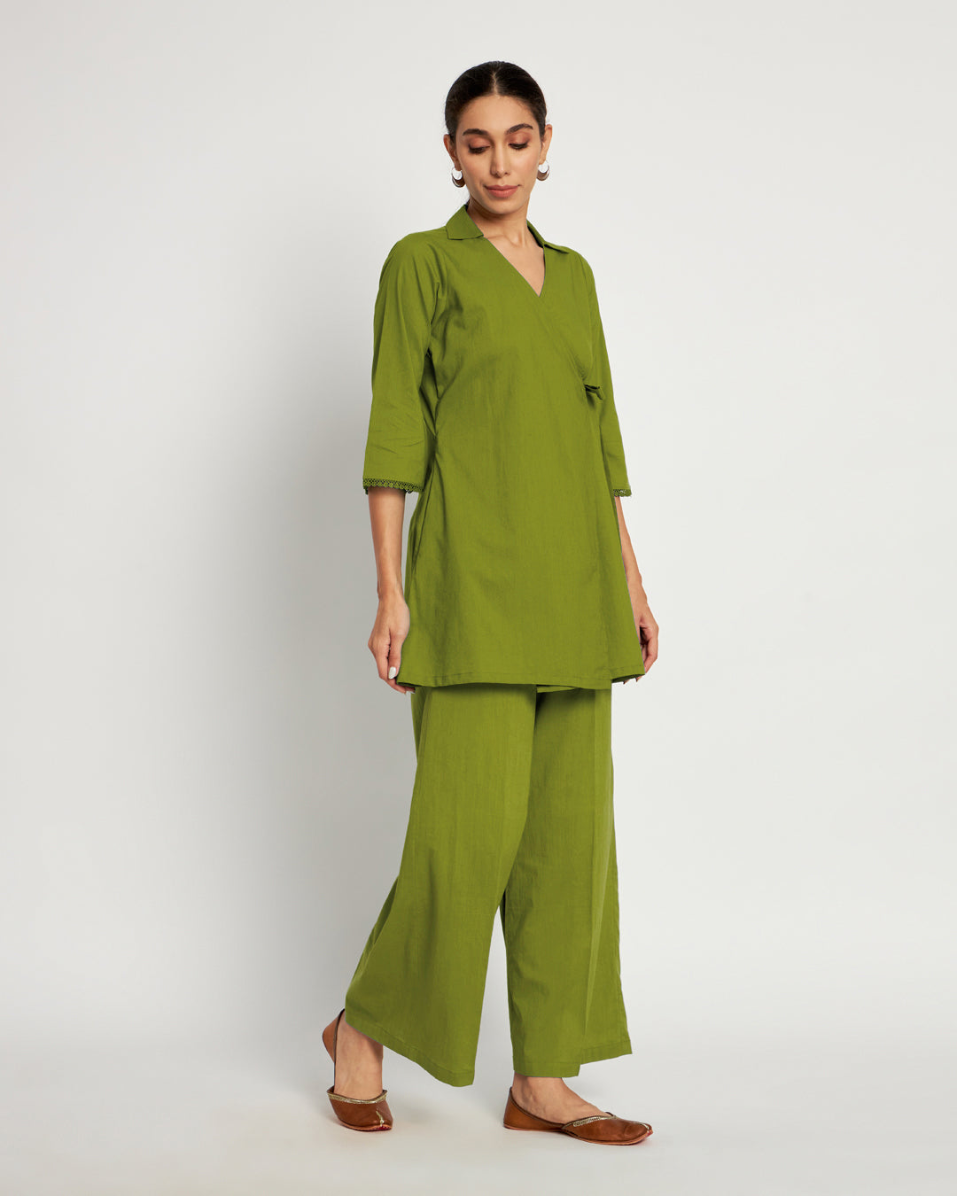 Sage Green Collar Neck Angrakha Solid Top (Without Bottoms)