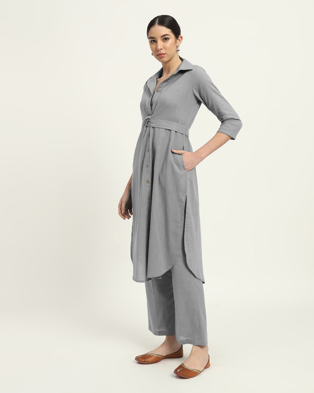 Combo: Burst Of Lime & Iced Grey Bellisimo Belted Solid Kurta