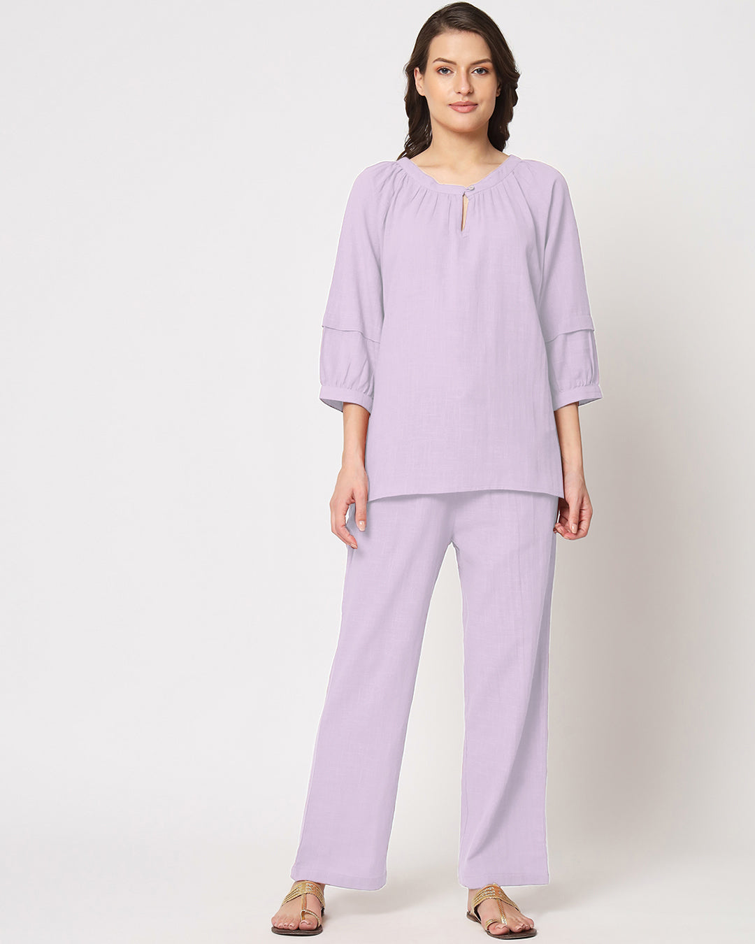 Lilac Button Neck Solid Top (Without Bottoms)