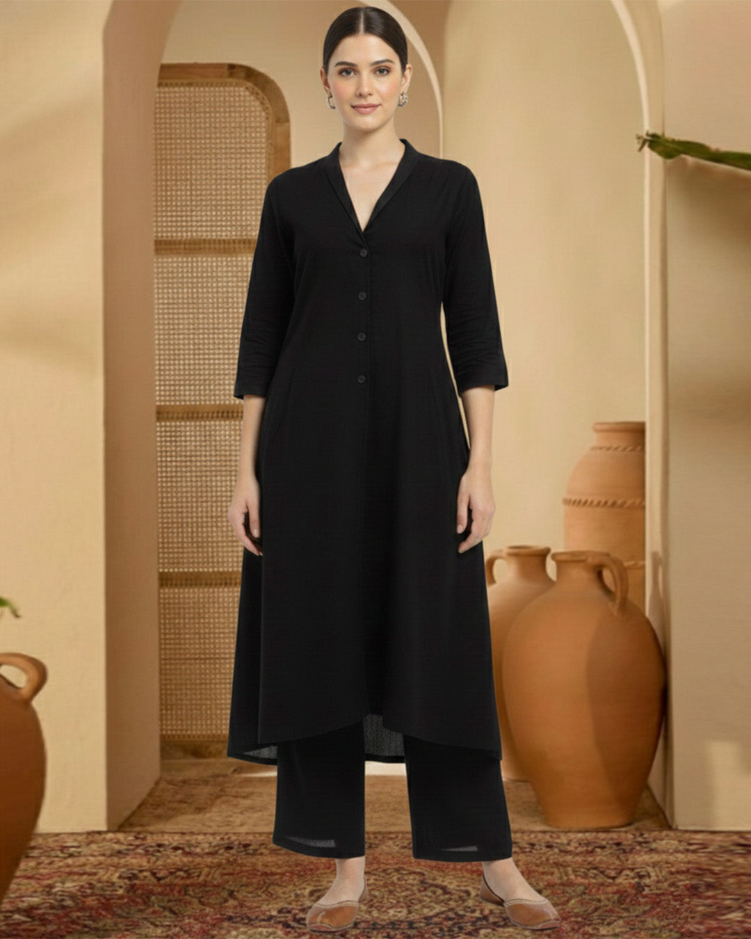 Black Rayon Button Bliss Co-ord Set