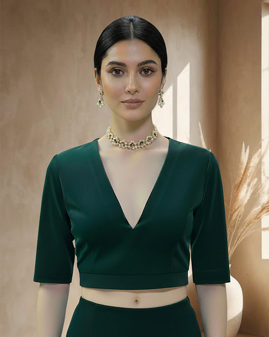 Deep Teal Allure Deep V Velvet Blouse