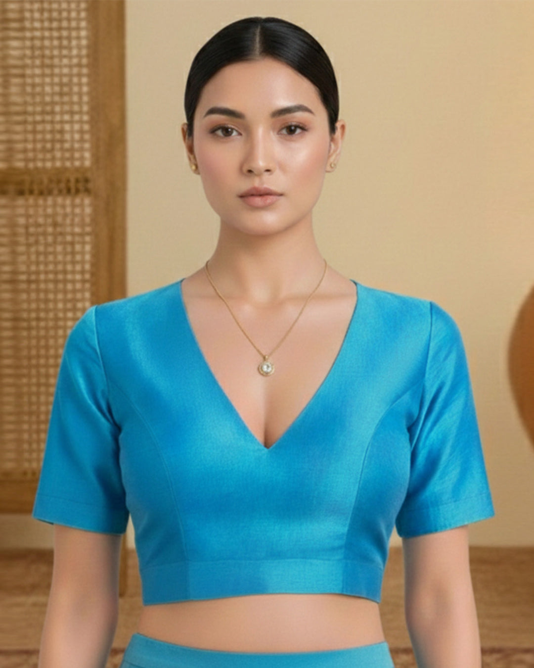 Silk Firozi Deep V Blouse