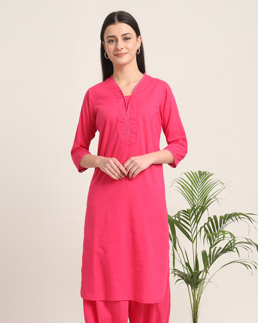 Queen's Gulabi Lace Affair Solid Kurta (Without Bottoms)