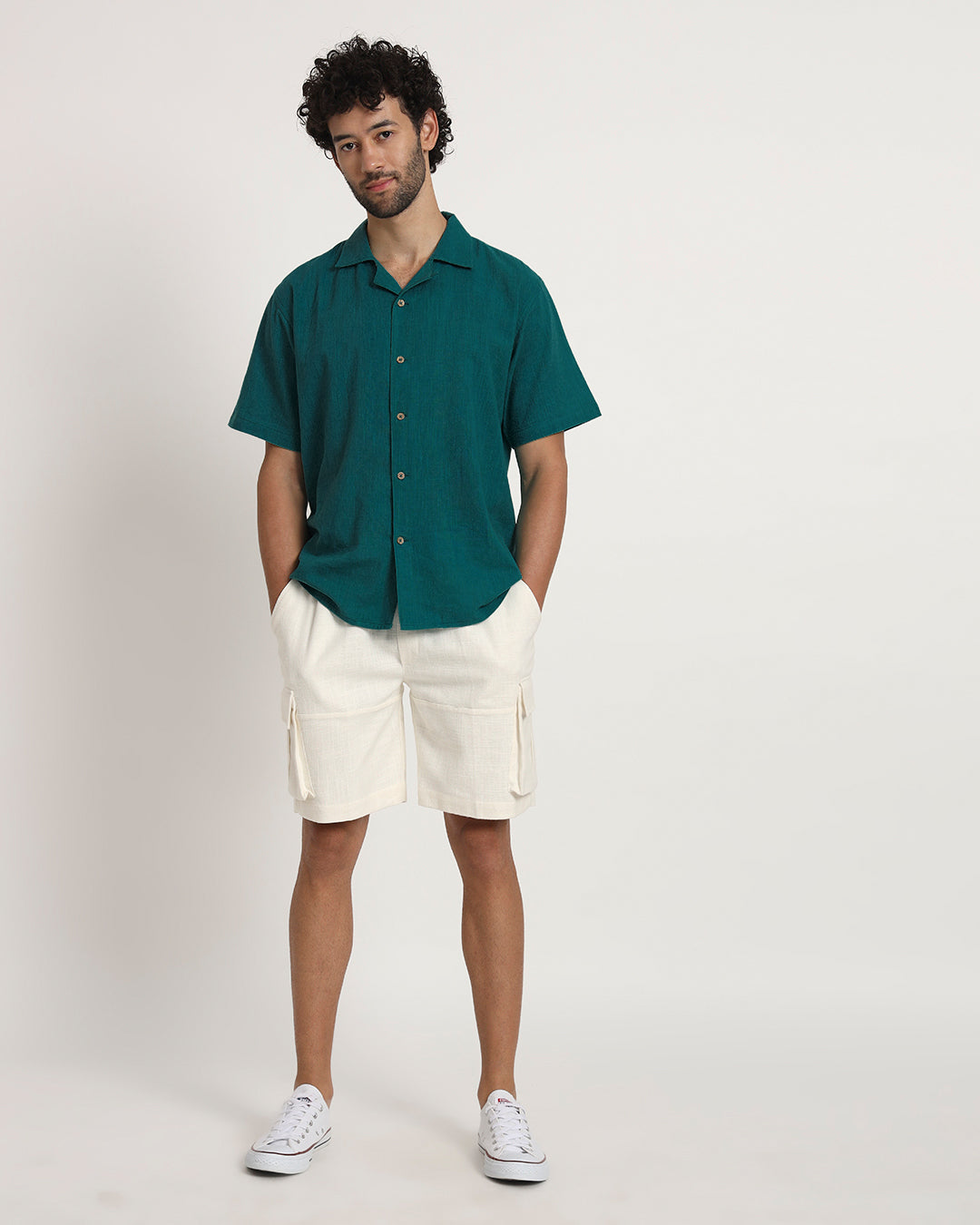 Combo: Classic Deep Teal Half Sleeves Men's Shirt & Cargo Shorts