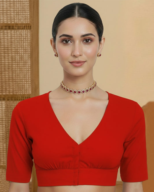 Red Rayon V Gather Blouse