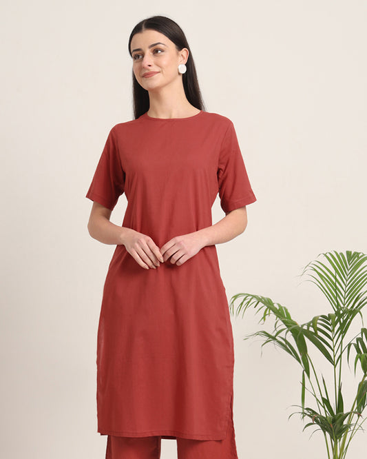 Russet Red Round Neck Long Solid Kurta (Without Bottoms)