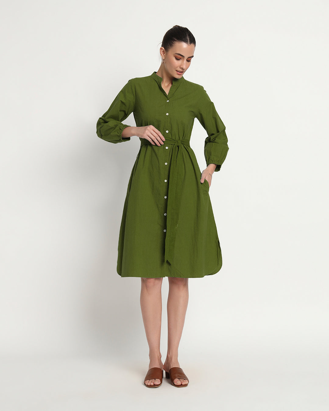 Greening Spring Modish Elegance Notch Neck Dress