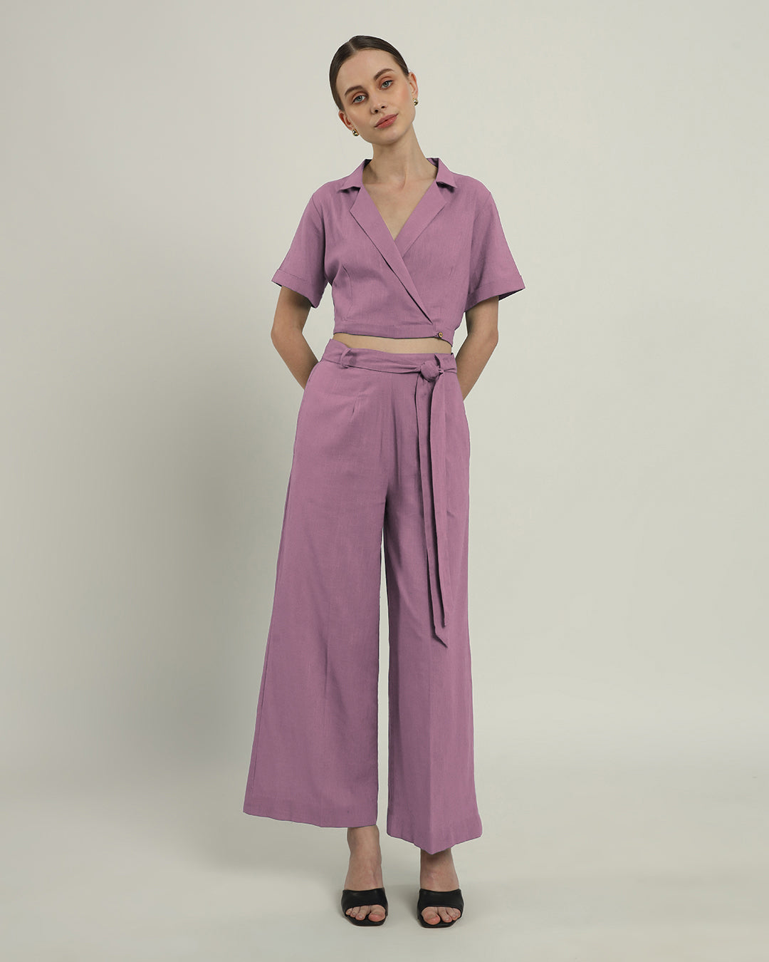 Purple Swirl Lapel Collar Solid Co-ord Set