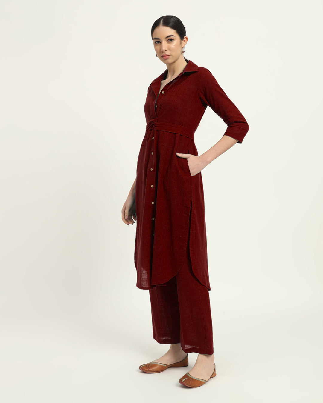 Russet Red Bellisimo Belted Solid Kurta (Without Bottoms)