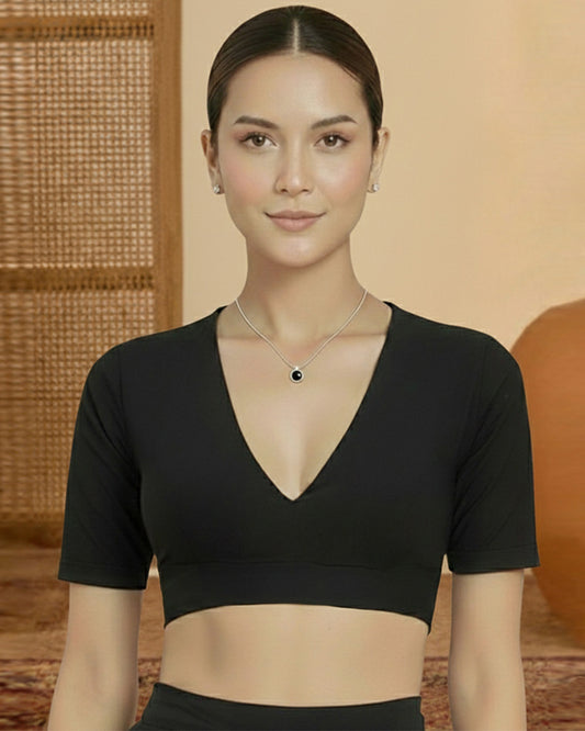 Black Rayon Deep V Blouse