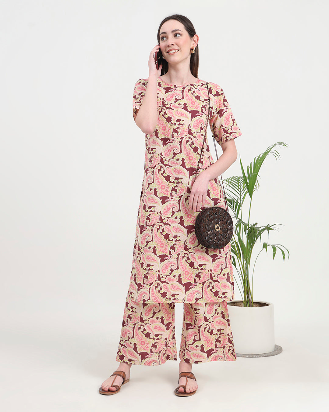 Rosewood Paisely Round Neck Printed Co-ord Set