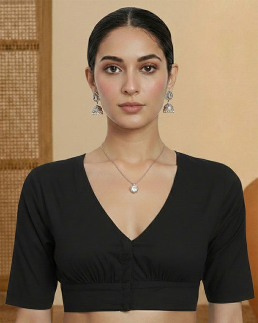 Black Rayon V Gather Blouse