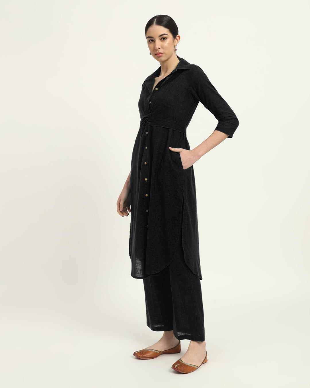 Black Bellisimo Belted Solid Kurta (Without Bottoms)