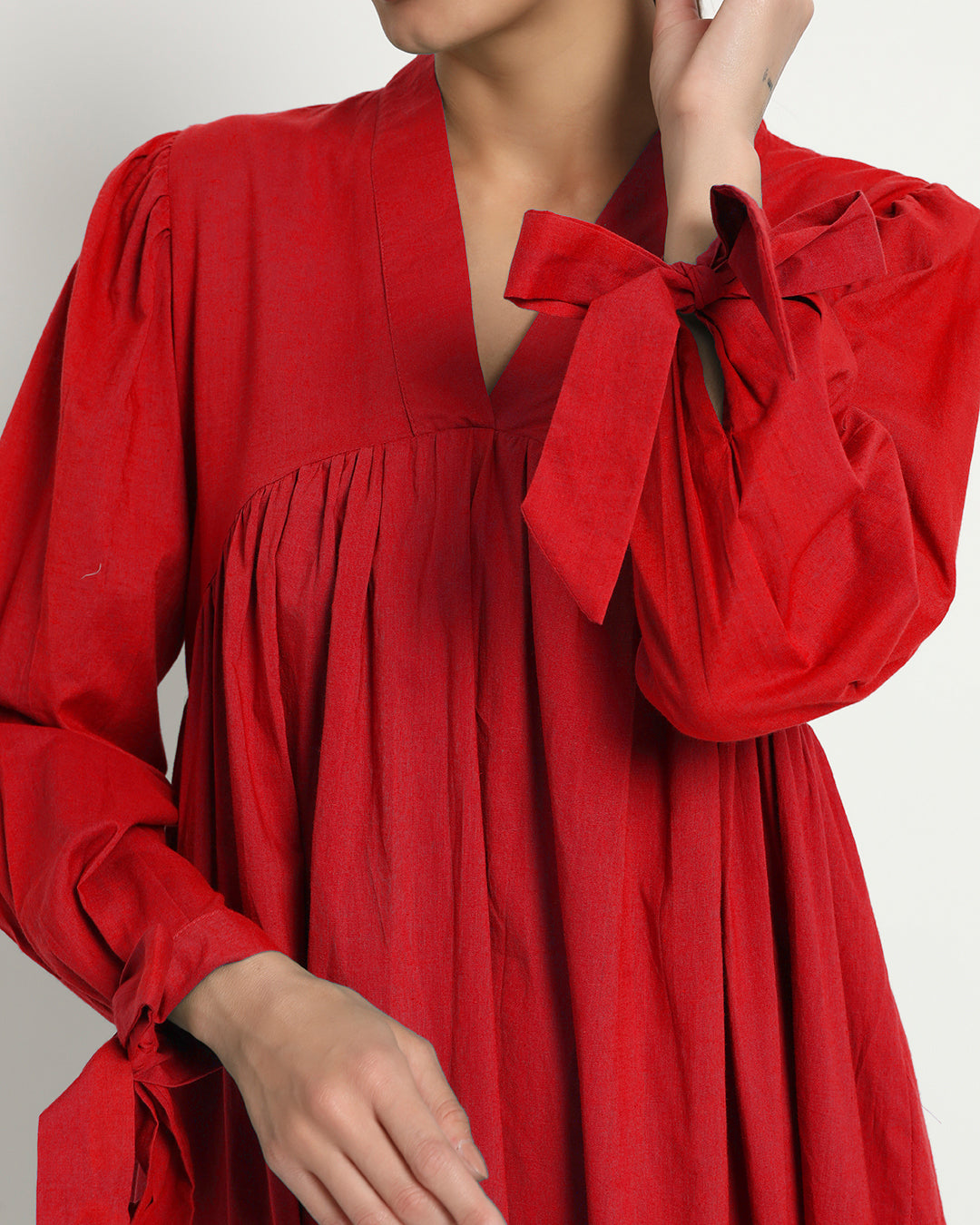 Classic Red Bowtiful Gathering V Neck Dress