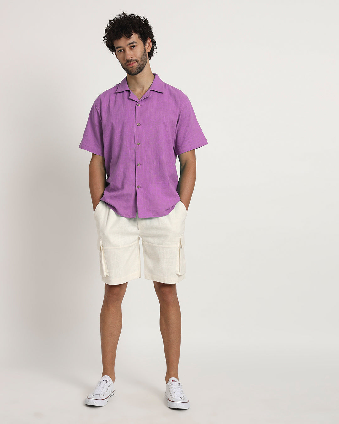 Combo: Classic Wisteria Purple Half Sleeves Men's Shirt & Cargo Shorts