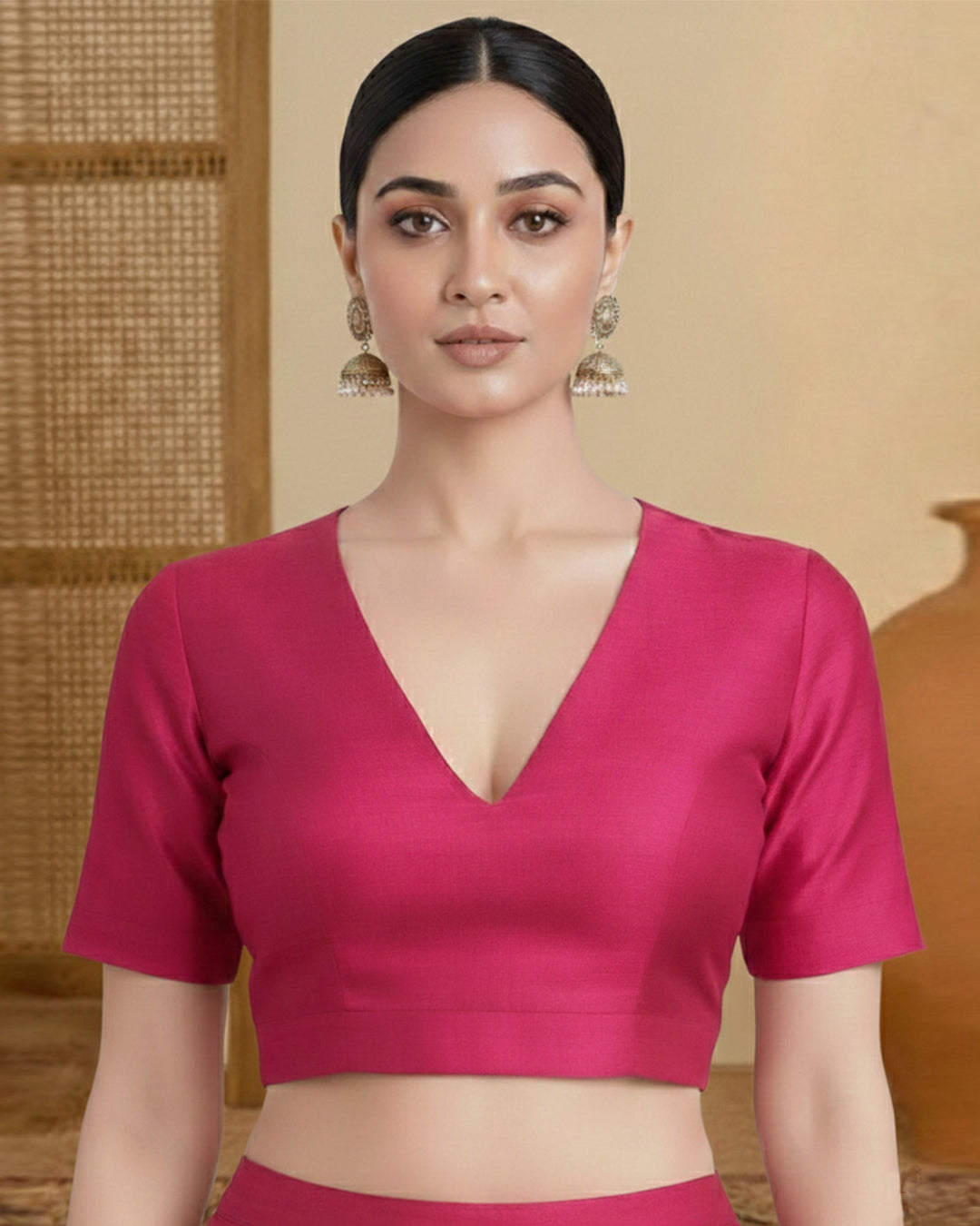 Silk Pink Deep V Blouse