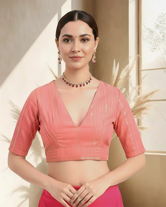 Festive Rosette Pink Golden Stripes Deep V Blouse