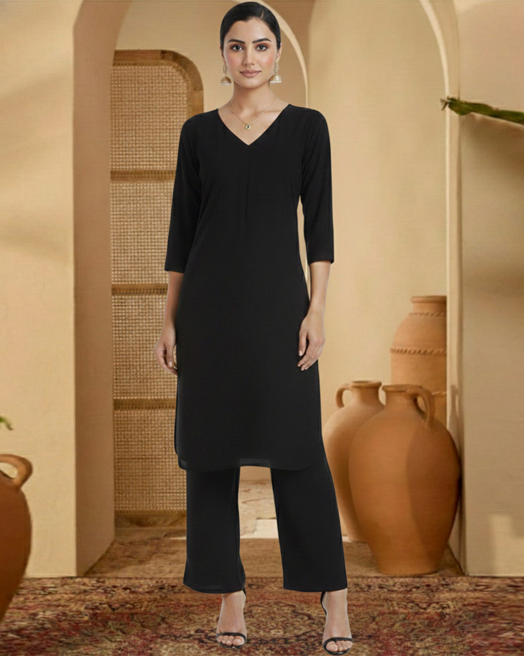 Black Rayon V Cut Charm Co-ord Set