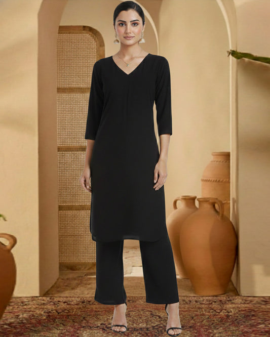 Black Rayon V Cut Charm Co-ord Set