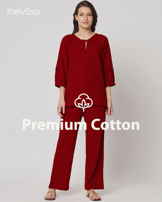 Classic Red Button Neck Solid Co-ord Set