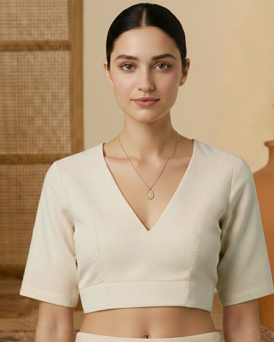 Silk Cream Deep V Blouse