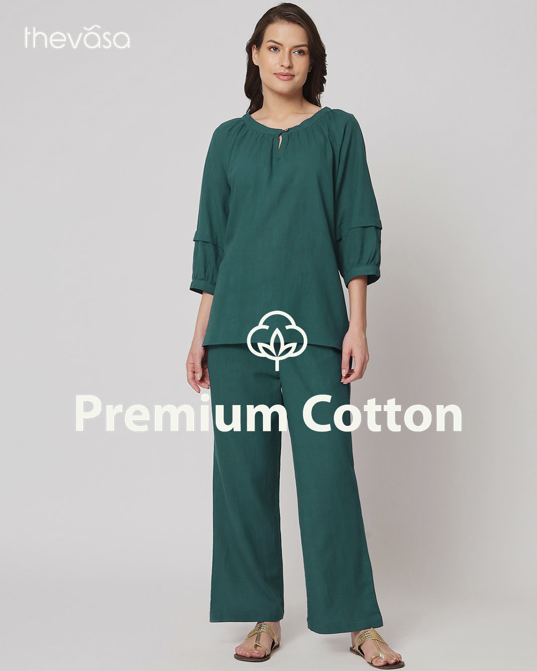 Deep Teal Button Neck Solid Co-ord Set