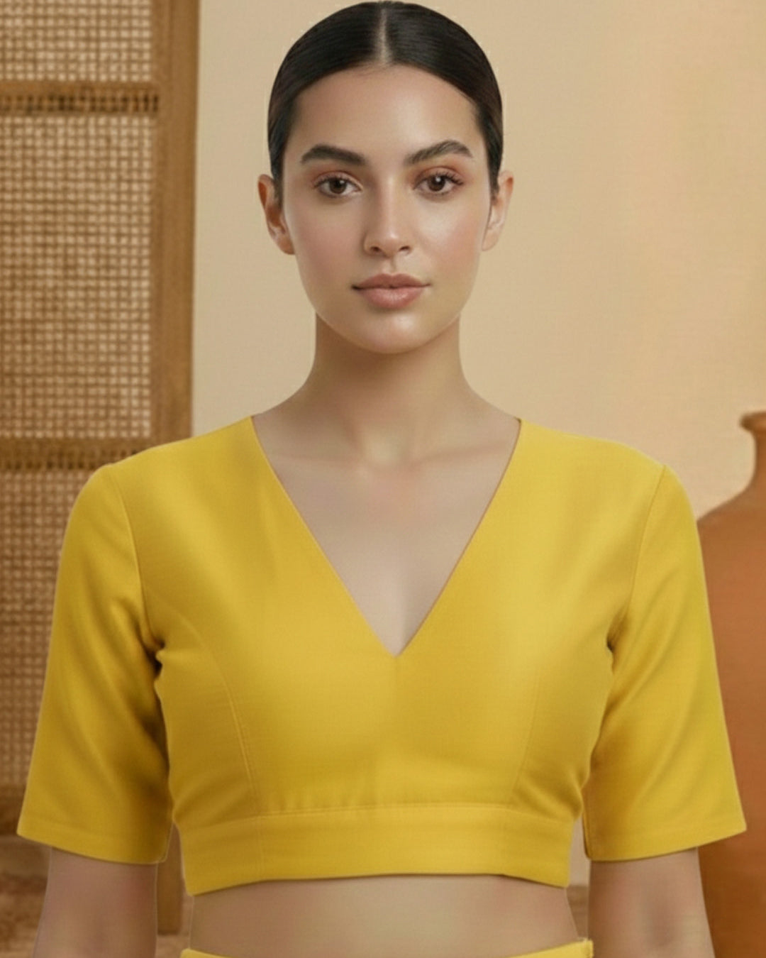 Silk Yellow Deep V Blouse