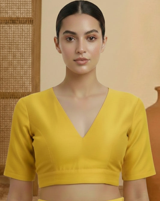 Silk Yellow Deep V Blouse