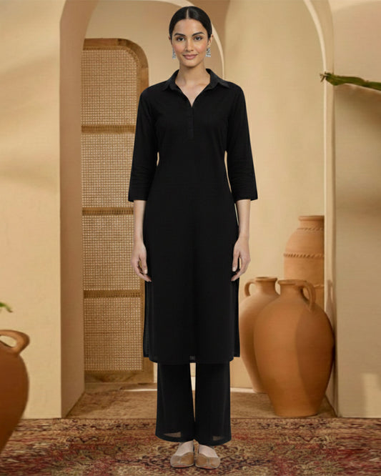 Black Rayon Collar Comfort Co-ord Set