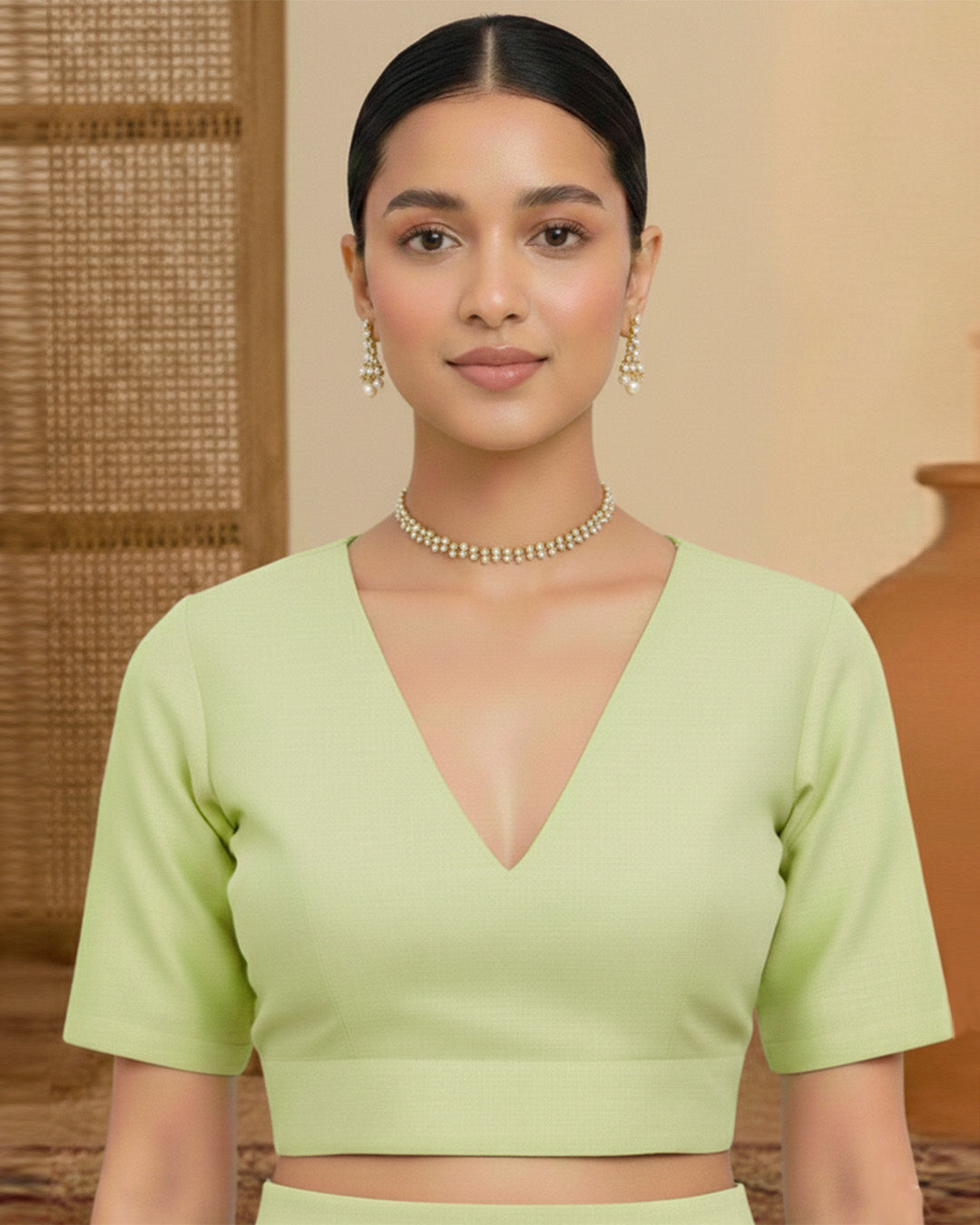 Silk Lime Green Deep V Blouse