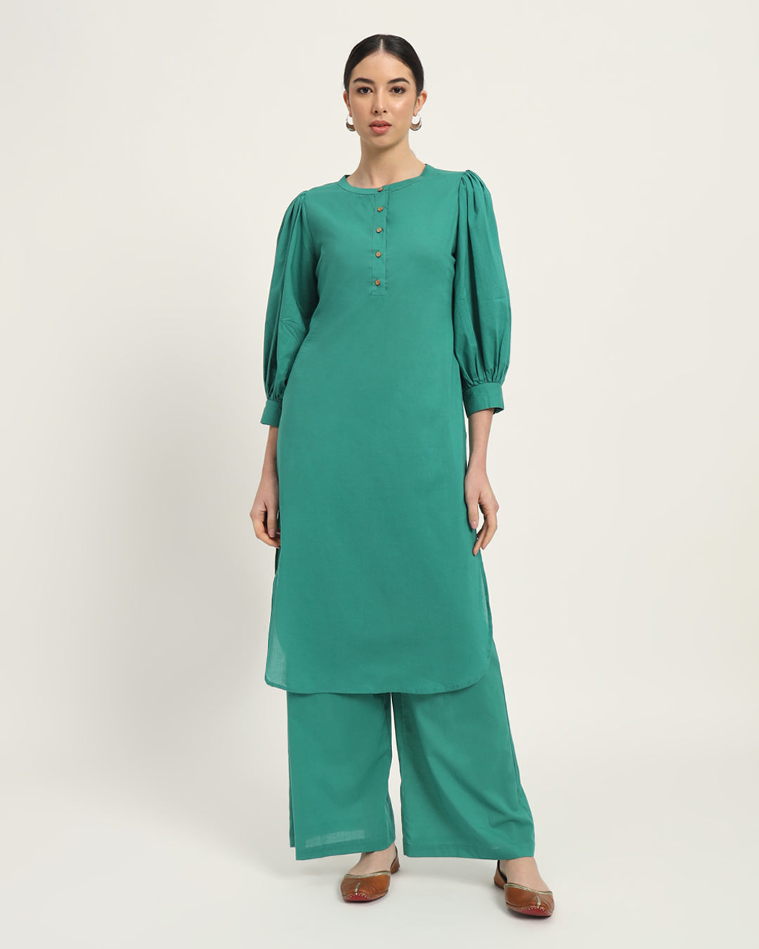 Green Gleam Balloon Breeze Pot Neck Solid Co-ord Set
