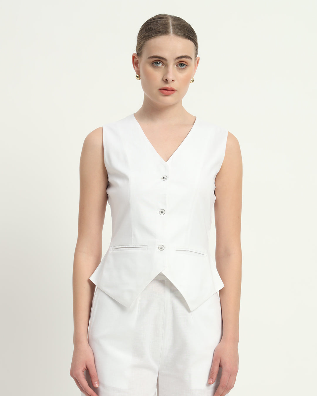 White Downtown Diva Vest Linen Top (Without Bottoms)