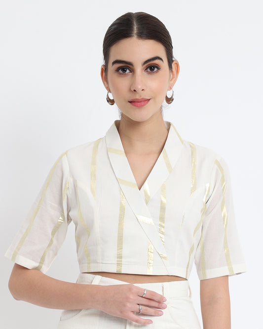 Pristine White Glisten Gala Wrap Fusion Blouse