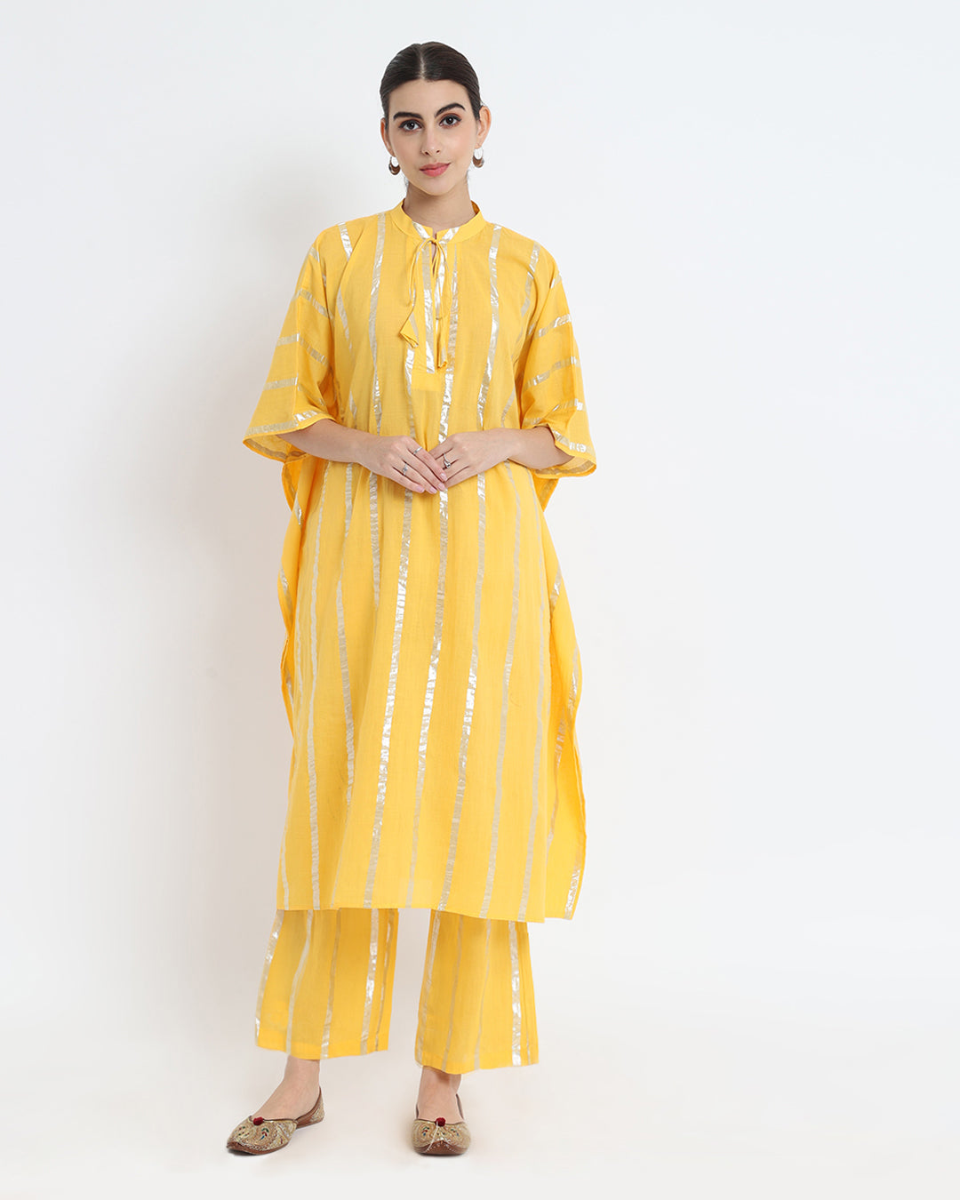 Dazzling Yellow Band Collar Kaftan Glisten Gala Co-ord Set