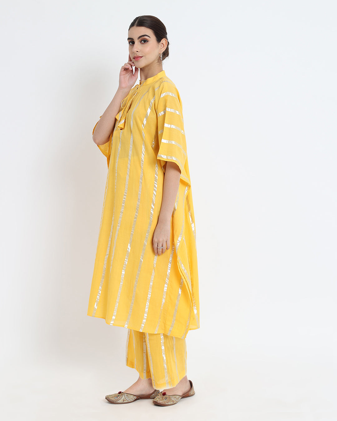 Dazzling Yellow Band Collar Kaftan Glisten Gala Co-ord Set