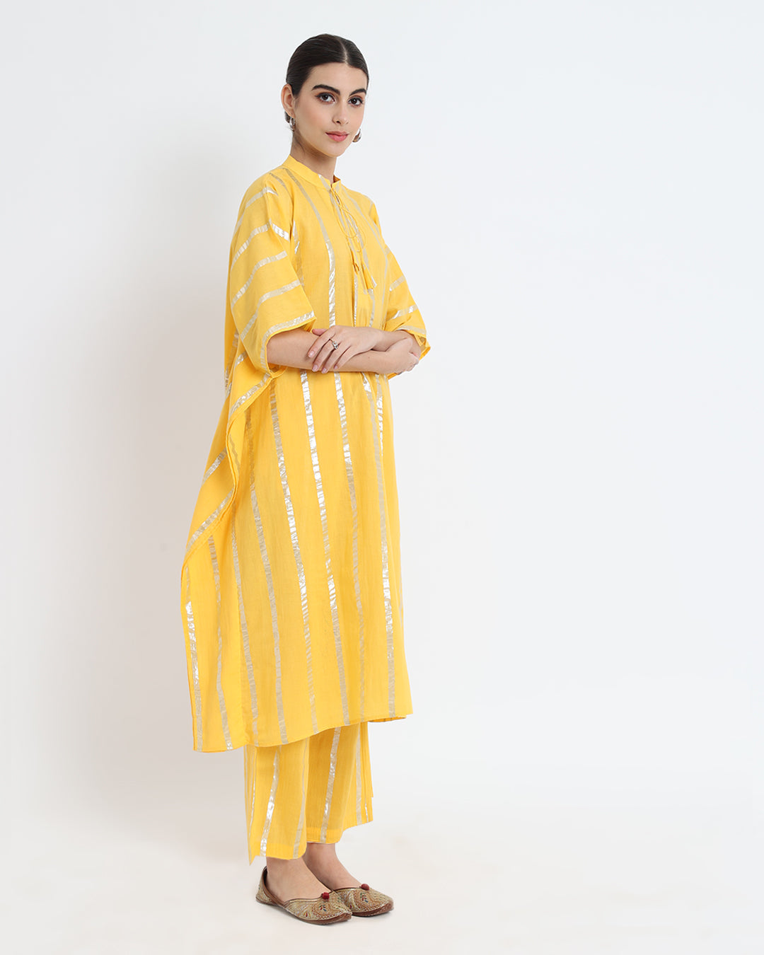 Dazzling Yellow Band Collar Kaftan Glisten Gala Co-ord Set