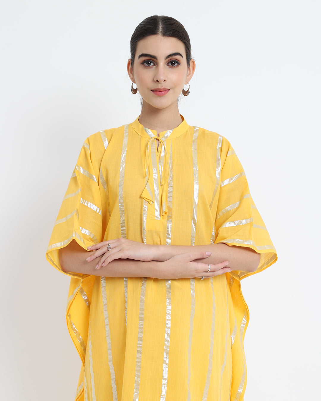 Dazzling Yellow Band Collar Kaftan Glisten Gala Co-ord Set